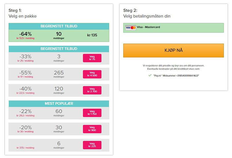 Kjøp kreditter for å sende meldinger til brukere. Prisene varierer basert på antall kreditter kjøpt. Tilgjengelig pakker fra 3 til 265 kreditter.